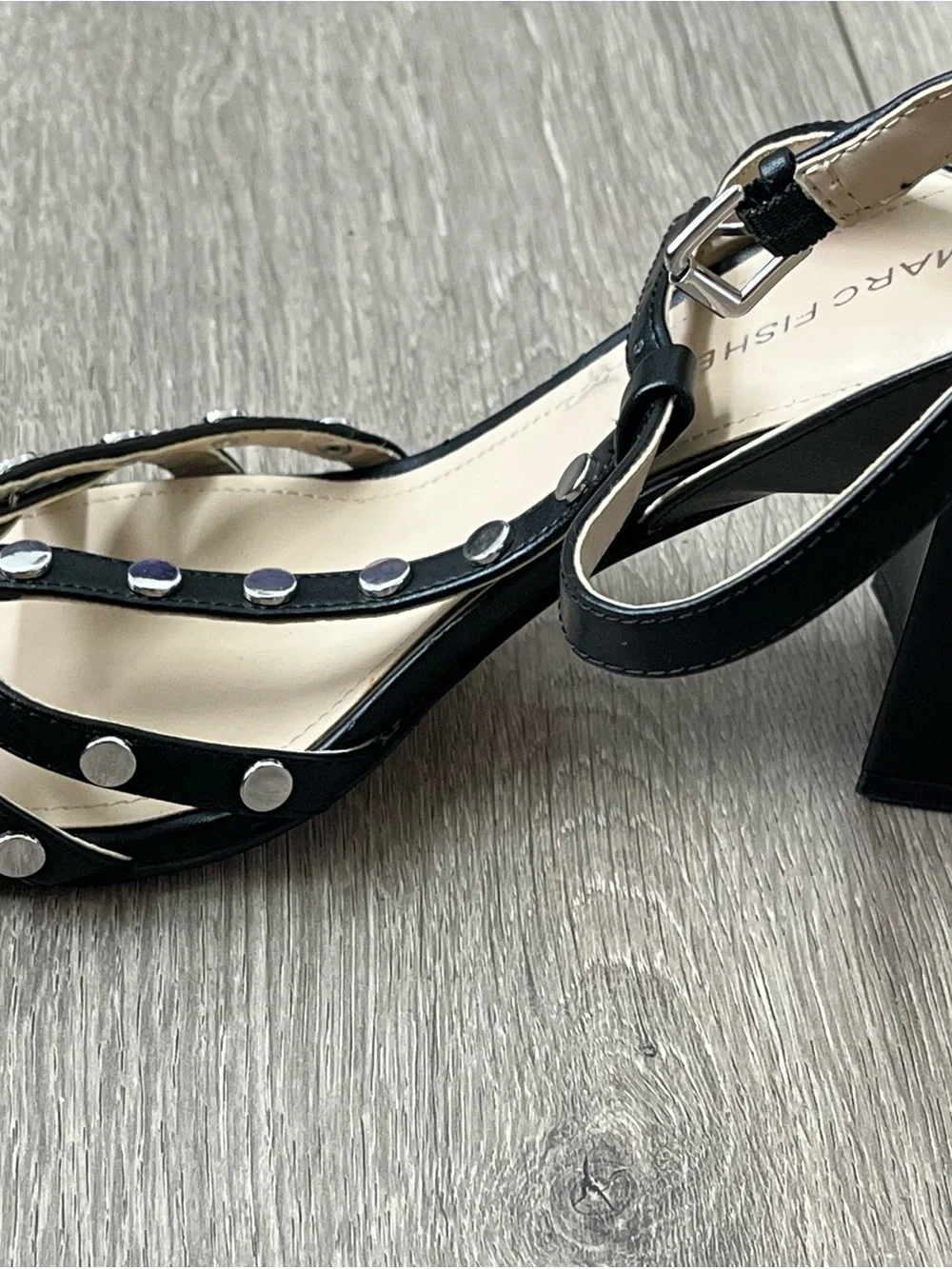 Marc Fisher Black Studded T-Strap Heels